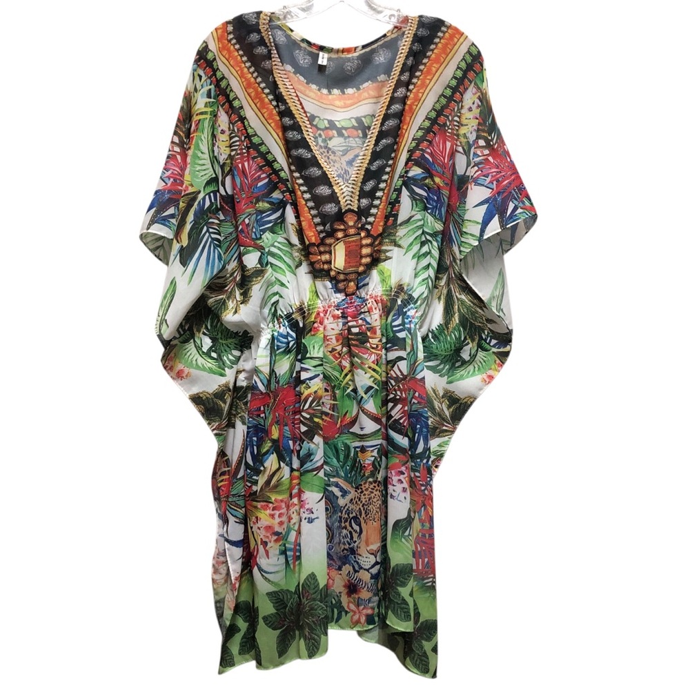 Tropical Kaftan Dress One Size Luxury Multicolor, tropical exotic leopard print